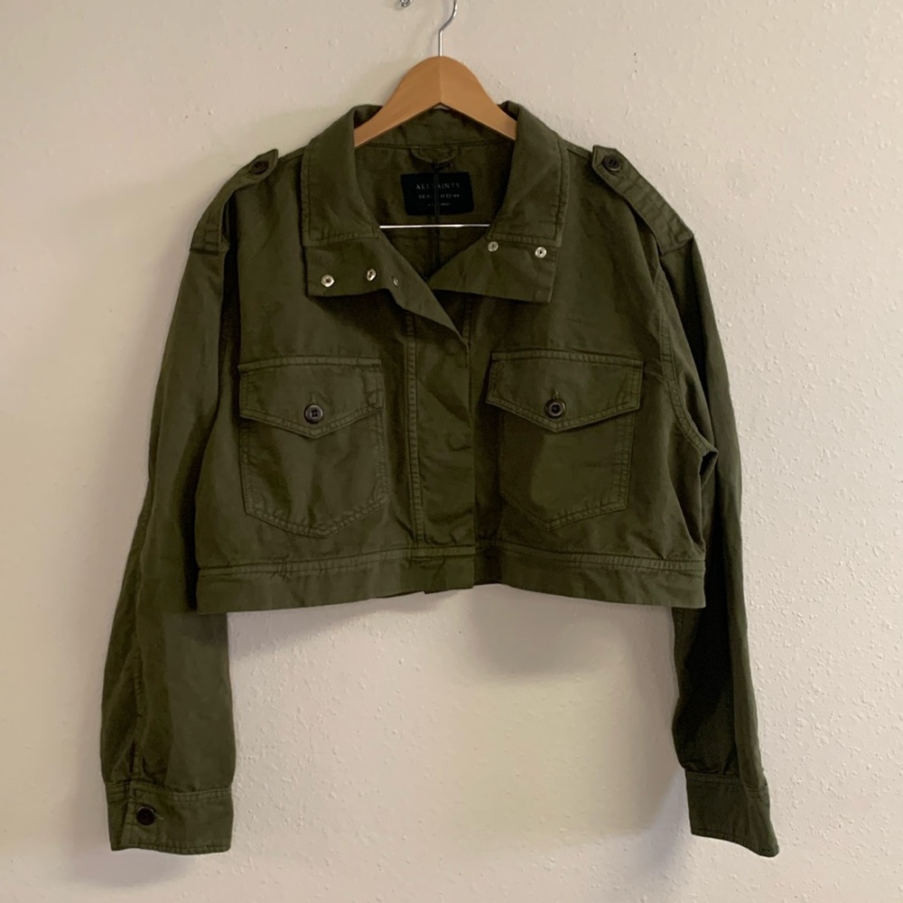 NWT All Saints Cadie Military Jacket in Khaki Green Cropped Linen Jacket Size 12 - Picture 2 of 8
